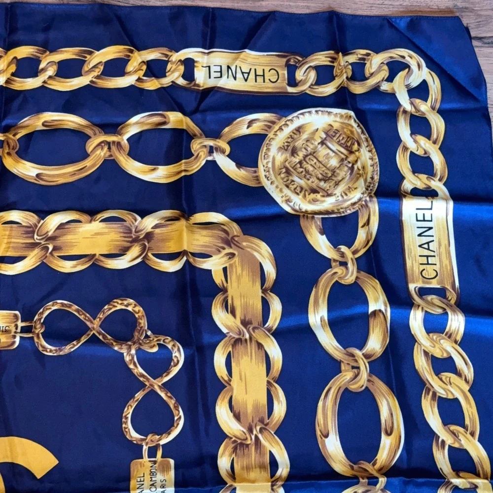 Chanel CC Gold Chain Medallion Silk Square Scarf Navy Blue